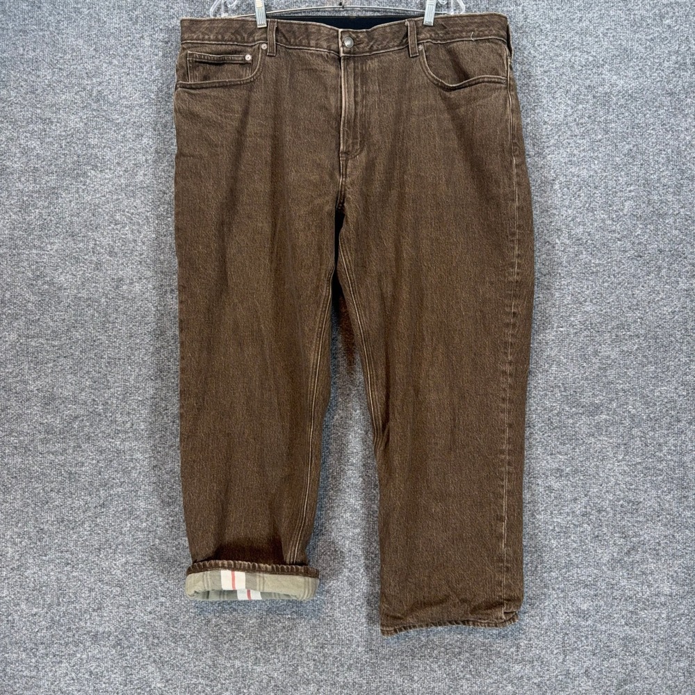Lands End Flannel Lined Jeans Mens 44x27 Brown Plaid Thermal Winter Work Denim